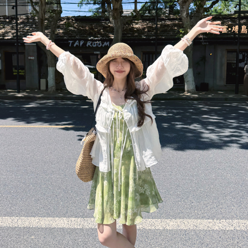 Qiqi Feather French-Style Ruffled White Lace-Up Shirt for Women, Summer Thin Cardigan, Vacation Style Loose Top Qiqi Feather French-Style Ruffled White Lace-Up Shirt for Women, Summer Thin Cardigan, Vacation Style Loose Top