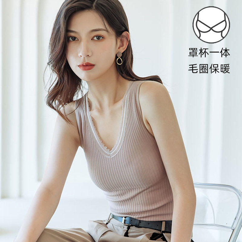 Woman with chest cushion blouse blouse V collar wool warm thread beating bottom vest lady Fever Coat Lady Spring Autumn winter