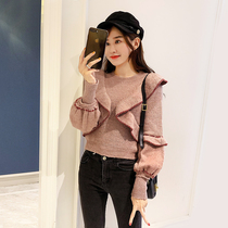 Sweater womens 2021 autumn new fashion Korean version of the foreign style ruffle edge short round neck sweater top womens long sleeve