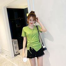 Short-sleeved t-shirt womens 2021 spring and summer new womens Korean fashion design sense v-neck drawstring slim-fit heart top women