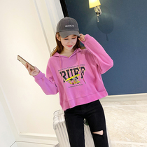 2021 new Korean fashion short-sleeved top jacket loose hooded printed sweater womens early autumn thin section