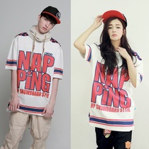16 17 NAPPING] Korean couple men and women ski suit hip hop short sleeve white tee