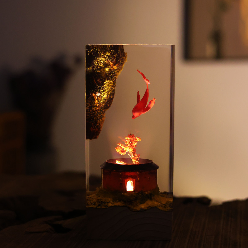 Chinese-Style Creative Gift Koi Fish and Crabapple Tree Resin Night Light 3D Relief Craft Ornament Bedroom Atmosphere Lamp