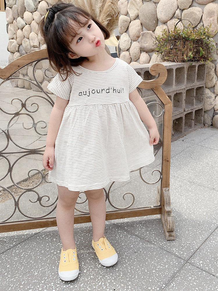 Children's dress children's clothing 2021 summer new small and medium-sized children's baby girl Korean version striped short-sleeved knitted skirt