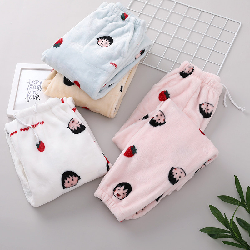 Autumn and winter coral fleece women's pajamas plus velvet thickened flannel home trousers Japanese cartoon student closing home pants