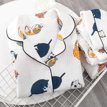 Sun-series pure cotton female pyjamas autumn winter thickened three-ply clip cotton air cotton long sleeve long pants full cotton air layer home clothes