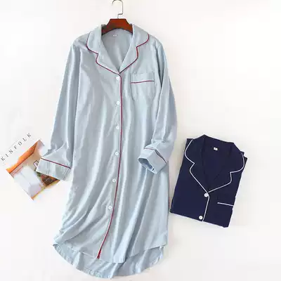 Women's spring and autumn cotton Japanese cardigan long version nightgown long sleeve thin nightgown pajamas solid color can be worn outside home clothes