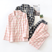 Lovers Pure Cotton Plaid Pyjamas Women Mens Summer Double gauze Long sleeves Japanese No Inprint Home Suits Spring Autumn