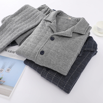 Mens Pajamas Winter Pure Cotton Air Layer Long Sleeves Thickened Triple Clip Cotton No Print Casual Warm Home Suit Suit