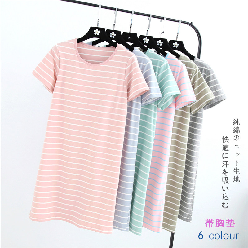Day Series Sleeping Skirt Woman Summer Pure Cotton Knit With Chest Cushion Short Sleeve Pyjamas Korean version Fresh striped Home Dress Medium Dress