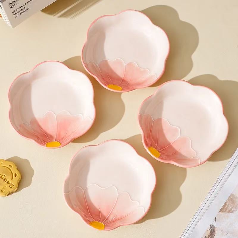 [Pack of 4] Morning Story 4inch Ceramic Dipping Sauce Dish Seasoning Dish Ceramic Hand-Painted Underglaze Color Plate Tableware