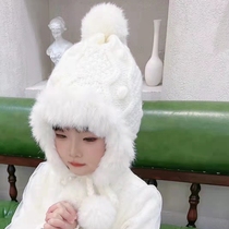 Autumn and winter New Baby baby warm ear hat Girl white knitted hat double hair ball lace