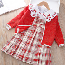 Girl JK suit 021 autumn childrens college style sweater cardigan long sleeve girl foreign style plaid pleated skirt