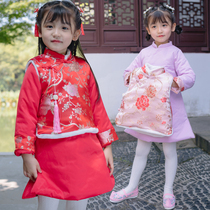 2021 Winter new girls plus cotton padded Tang dress cheongsam dress baby festive red New year dress