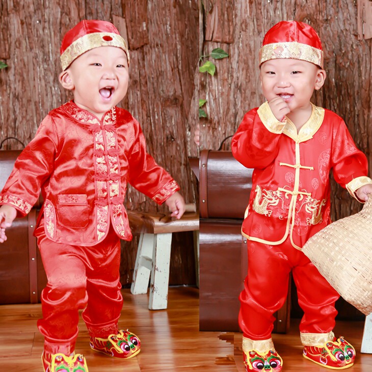 2022 Spring Monolayer Tang Dress Suit Men And Women's Baby Full Moon 100 Days Old Dress Children Celebrate Birthday Red