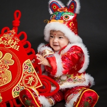 High-end female baby 100 days old Tang suit plus cotton winter festive Spring Festival New year gift relatives tiger head hat shoes set