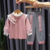 Kawaii embroidery super doll shirt Autumn New Korean version of retro style girls pants pullover retro Hanfu set