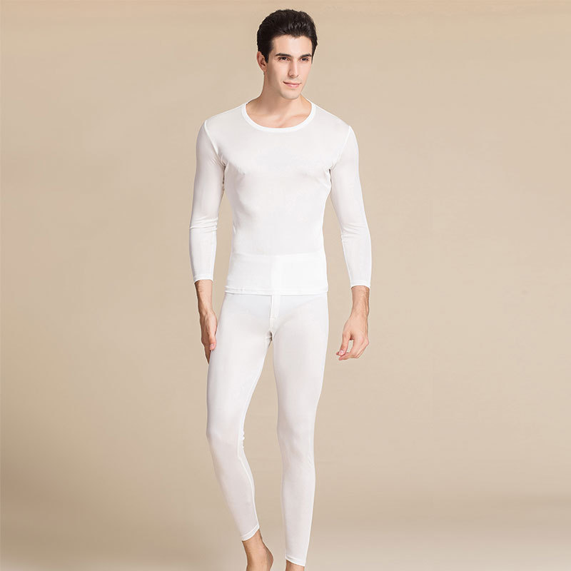 Men's Silk Thermal Underwear Set, 100% Mulberry Silk, Round Neck, Long-Sleeved Top and Long Pants Set