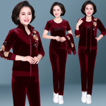 Middle-aged and elderly mother Spring and Autumn sportswear set 2021 New golden velvet T-shirt jacket trousers three-piece womens