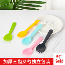 Cake three-tooth fork spoon disposable plastic dessert color matte independent packaging fork spoon thickened 5 pieces
