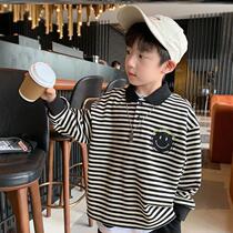 Boy leads t-shirt striped long sleeve boy Spring-autumn-style blouses top boy loose casual blouses Korean version of the ocean