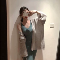 Chic phong cách port len ​​áo len cardigan trong áo khoác đan dài + treo áo vest đan phù hợp với phụ nữ váy nữ