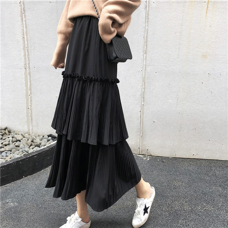 Hàn Quốc phiên bản của mùa thu năm 2018 mới đàn hồi cao eo Slim xù bánh váy hoang dã dài nữ váy chân váy xếp ly dài cho người thấp