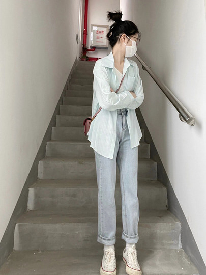 Blue Sun-Protective Shirt Cardigan Jacket for Women, Winter 2025 New Design, Niche Korean Style Shirt Outerwear