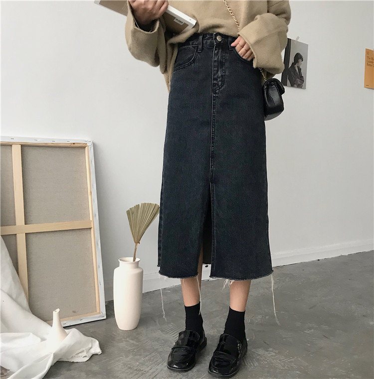 Denim Half Body Skirt Woman Summer New Korean version Lean High Waist Open Fork A Character Long Skirt 100 lap one step with hip skirts