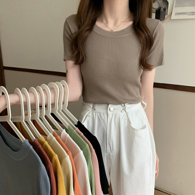 taobao agent Tide, knitted short sleeve T-shirt, long-sleeve, short jacket, 2023 collection, round collar