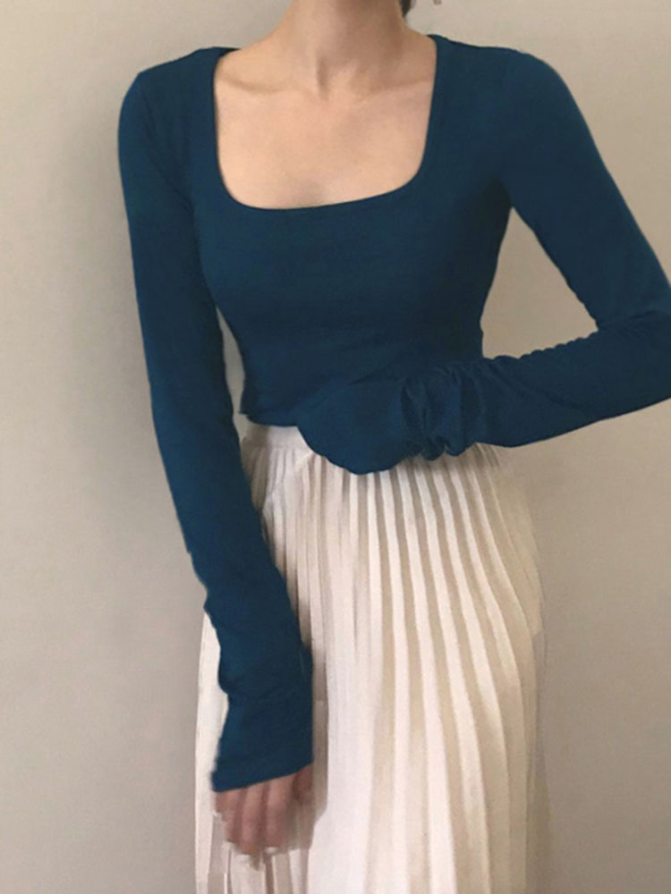 French retro haze blue top women's all-match short long-sleeved bottoming knitting 2022 new autumn women's clothing trend