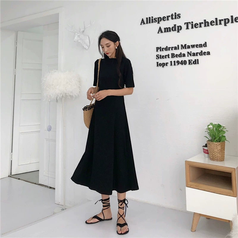 Hồng Kông-phong cách retro chic tính khí thời trang màu rắn cổ tròn đu lớn trong chiếc váy dài Slim mỏng Một từ ăn mặc