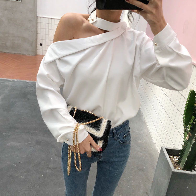 Hồng Kông hương vị retro chic nhỏ sexy từ cổ áo off-vai dài tay áo sơ mi trắng khí hoang dã đáy áo sơ mi nữ áo sơ mi trắng nữ công sở