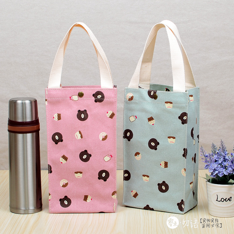 Water cup bag portable canvas with rope portable cute waterproof stewing pot Glass thermos double cup storage bag