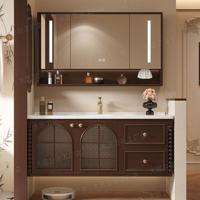French-Style Vintage Solid Wood Bathroom Cabinet Set with Integrated Antique-Style Ceramic Basin for Washing and Grooming