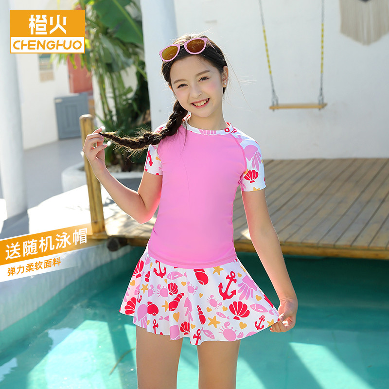 Orange Fire Girl Swimsuit Split Skirt Style CUHK Child Swimsuit 10-12 Year Old Speed Dry Sunscreen Princess Teen Girl