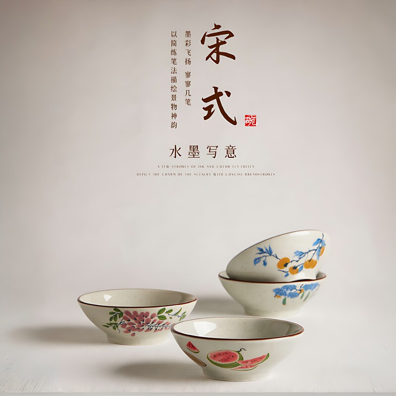 Song-Style Aesthetic Tableware, Xiaohongshu Vintage-Style Household Bowls and Plates, Retro New Chinese-Style High-Value Ceramics from Jingdezhen