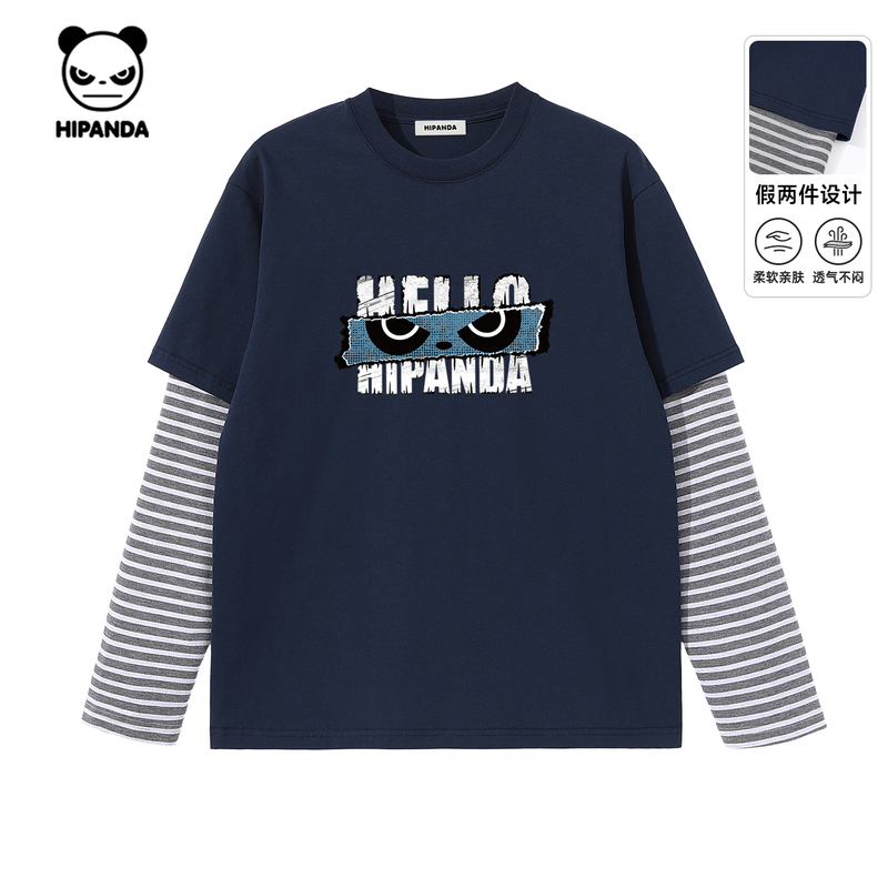 Hipanda Hello Panda Retro Patchwork Fake Two-Piece Striped Long-Sleeve T-Shirt for Men 2026 Autumn New American Style T-Shirt