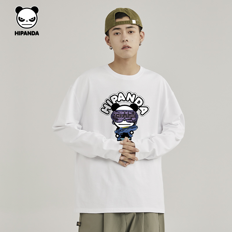Hipanda Hello PandaアメリカンスタイルのファッショナブルなボトムTシャツ2025春の新トレンドカップル純綿長袖Tシャツ