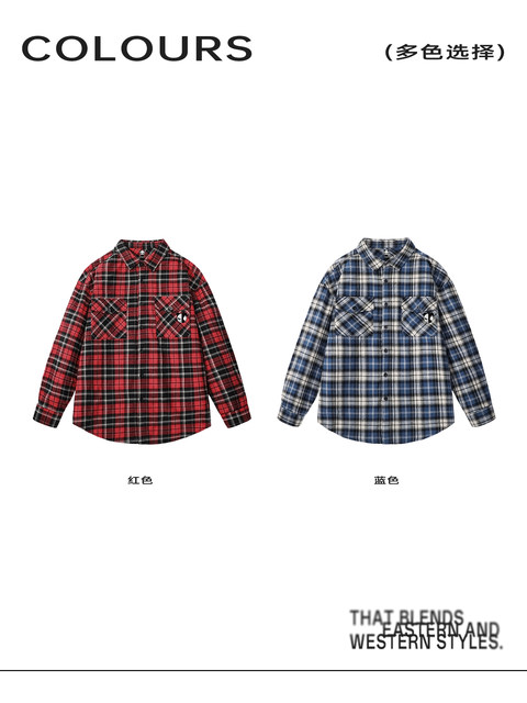 Hipanda Hello Panda retro classic red and blue plaid lapel shirt men's 2025 autumn new long-sleeved cardigan C
