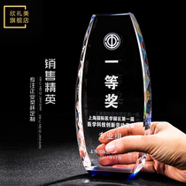 Blue Crystal Trophy Custom Creativity Inner Sculptures Medal Employees Awards Gift Lines Embroidered authorization cards to make a lettering
