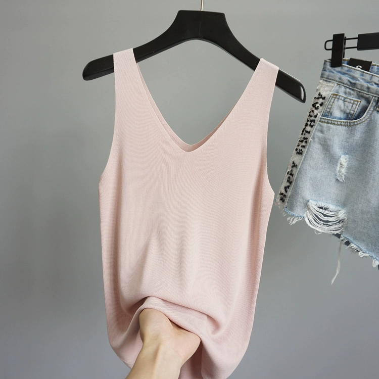 Mùa hè 2018 mới phía trước và phía sau cổ chữ V không tay đan áo yếm nữ Slim mỏng thun lụa tơ tằm