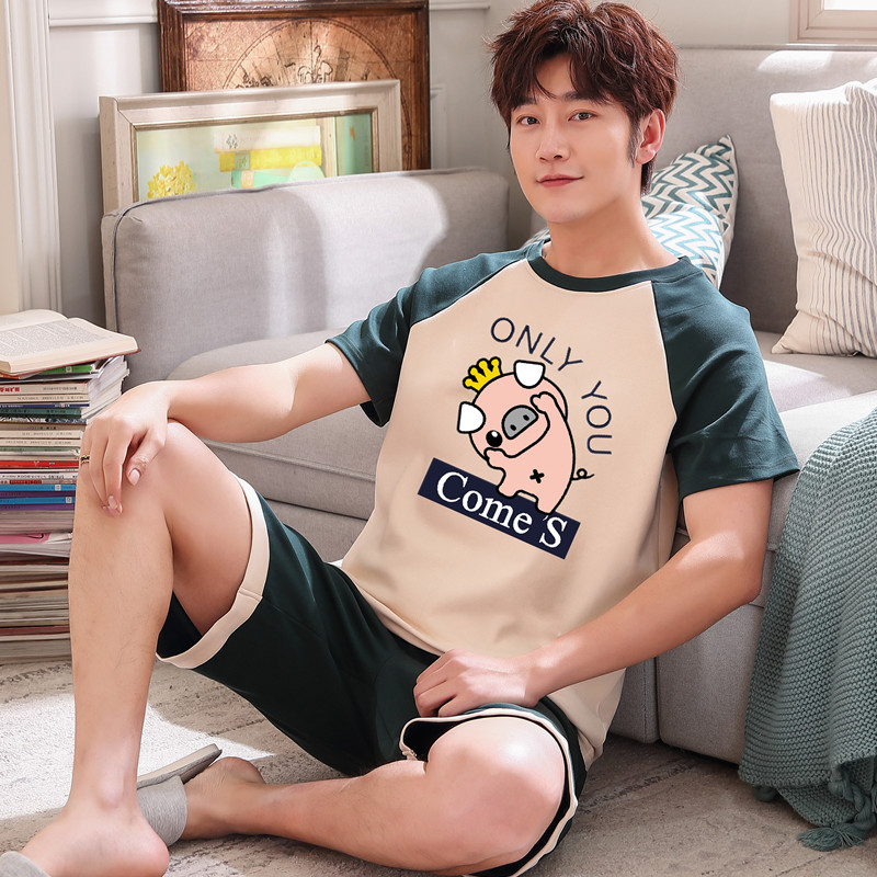 Mens đồ ngủ mùa hè bông lỏng lẻo bông lỏng lẻo bộ thiếu niên mỏng ngắn tay quần short cartoon nhà quần áo có thể được đeo ra.