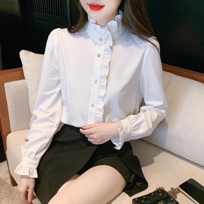 2024 Spring and Autumn New French Style Fashionable Ruffle Collar Shirt Long Sleeve Chic and Unique Ruffled Court Style Top