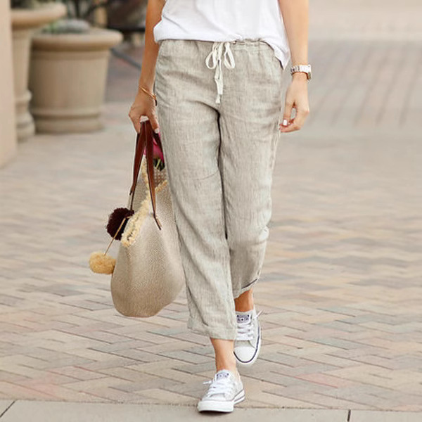 2026 Spring and Autumn New Style Solid Color Loose Drawstring Elastic Waist Cotton Linen Trousers Artistic Style Simple Casual Pants