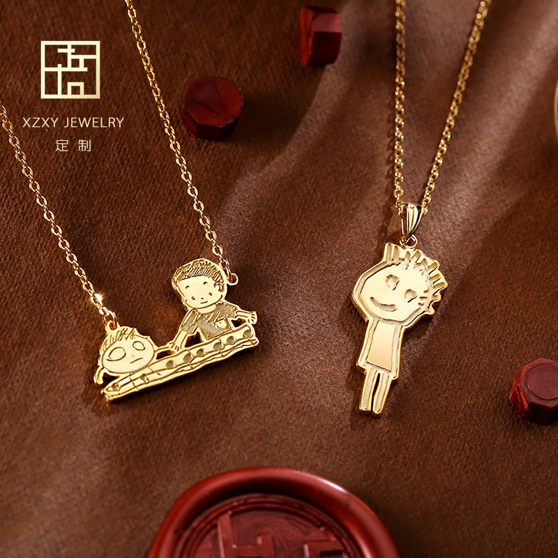 Custom 925 silver children's graffiti hand-drawn art painting children self-drawn male and female couples engraved words to figure custom necklace