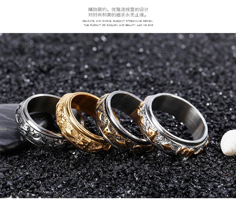 Nhẫn thần chú sáu chữ khí quyển có thể được xoay vòng bằng thép titan trang sức nam hipster nhẫn sáng tạo chữ miễn phí nhẫn cưới kim cương