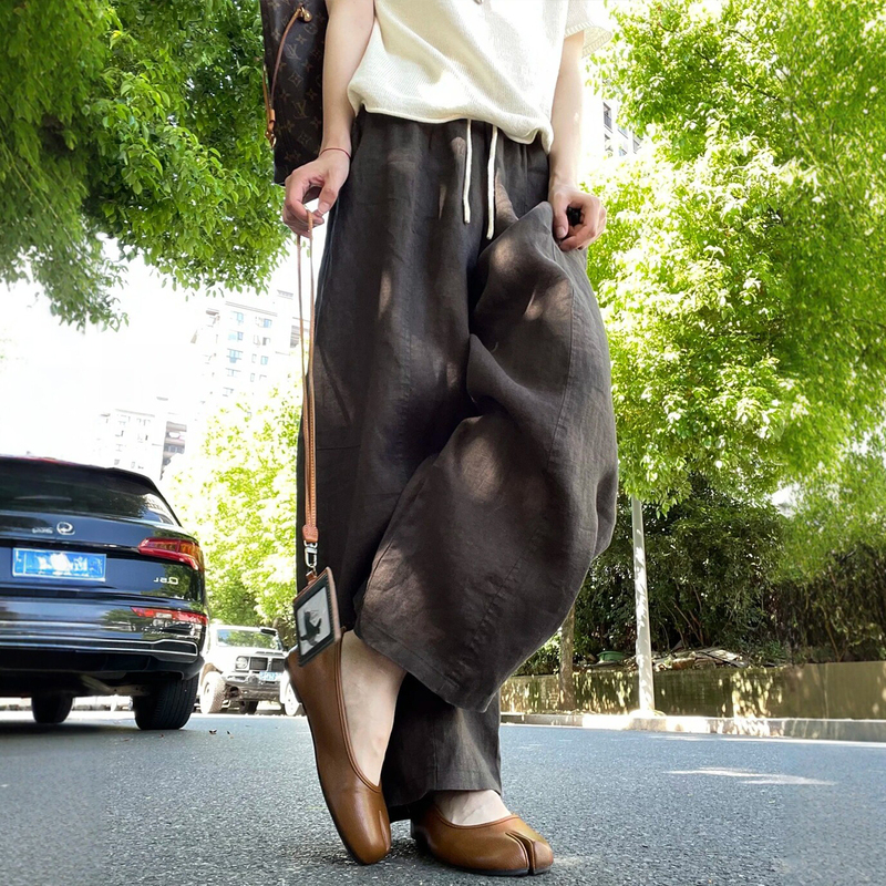 Old Money Style Linen Curved-Leg Pants for Women, Summer Thin Large Size Plus Size High-Waisted Loose Slimming Lazy Wide-Leg Casual Pants
