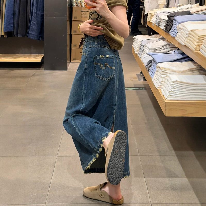 Retro Tassel Slit Denim Skirt for Women, New Summer Style, Plus Size, High Waist, Hip-Covering, Slimming Mid-Length Skirt