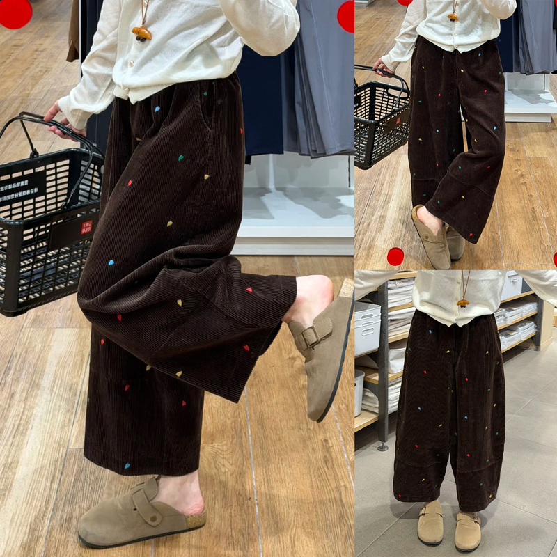 Coffee-Colored Embroidered Corduroy Wide-Leg Pants for Petite and Plus-Size Women, Loose and Slimming, Cropped Pants, This Year's Trendy Balloon Pants Coffee-Colored Embroidered Corduroy Wide-Leg Pants for Petite and Plus-Size Women, Loose and Slimming, Cropped Pants, This Year's Trendy Balloon Pants